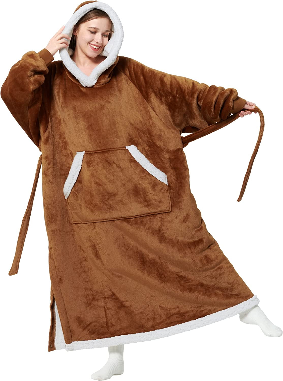 Bedsure Wearable Blanket Hoodie, Long Sherpa Fleece Blanket Sweatshirt with Warm Big Hood, Dark