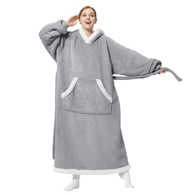 Bedsure Wearable Blanket Hoodie, Long Sherpa Fleece Blanket Sweatshirt