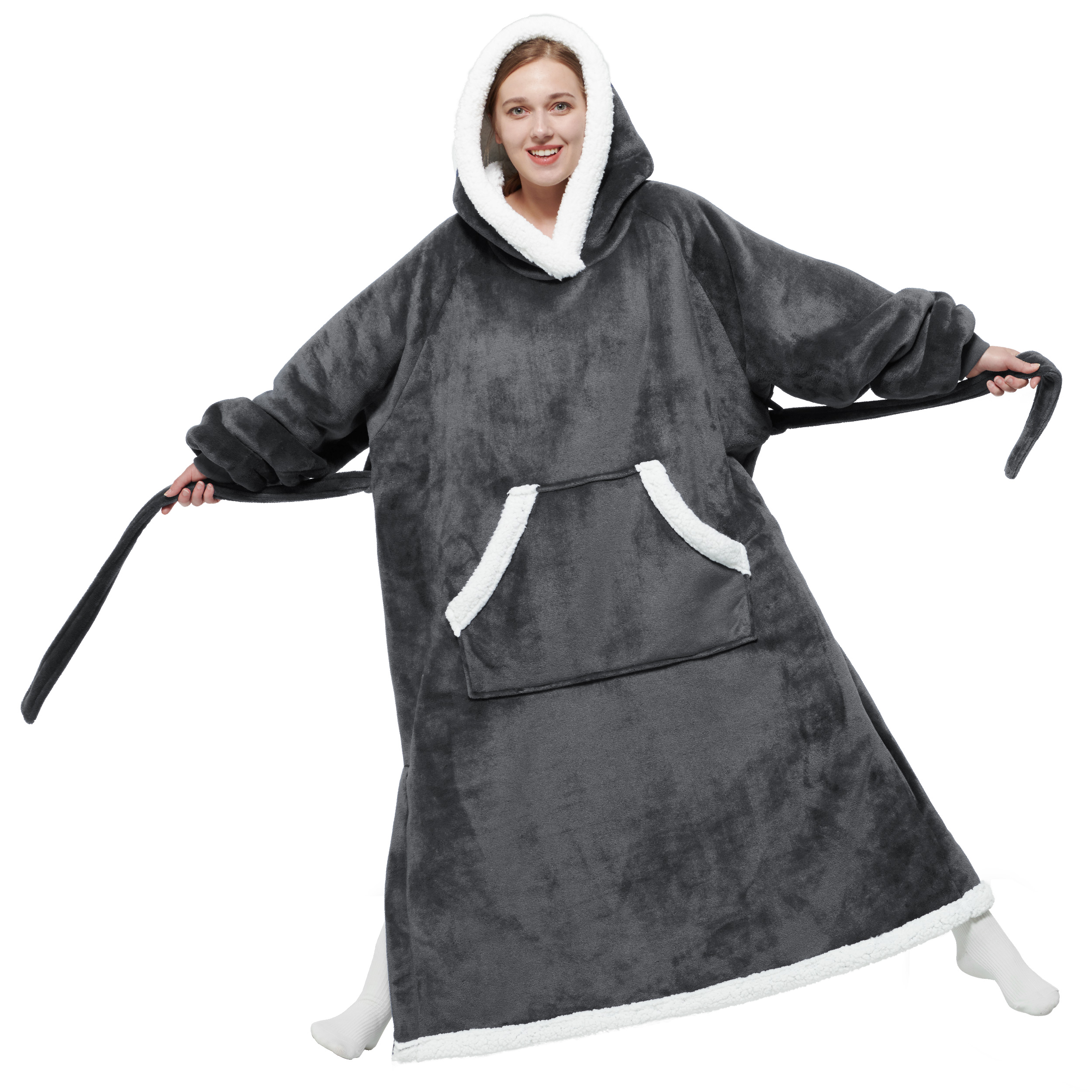 Bedsure Wearable Blanket Hoodie, Long Sherpa Hoodie Blanket with Giant