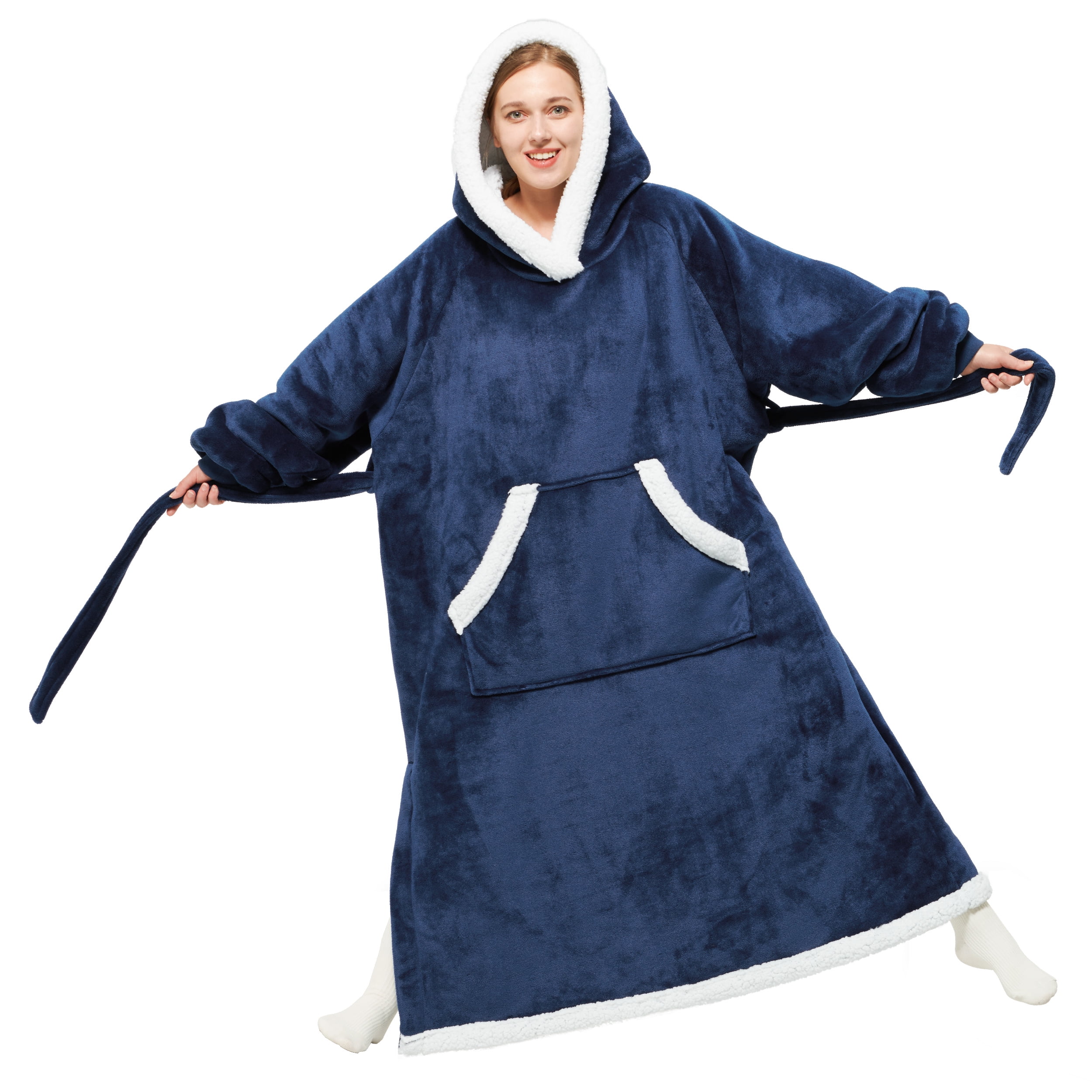 Bedsure Wearable Blanket Hoodie, Long Sherpa Hoodie Blanket with Giant ...