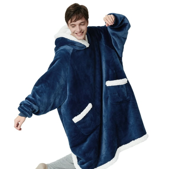 Cozy Comfort Wearable Blanket Hoodie, Sherpa Hoodie Blanket with Giant Pocket, Warm&cozy, Oversize, Navy