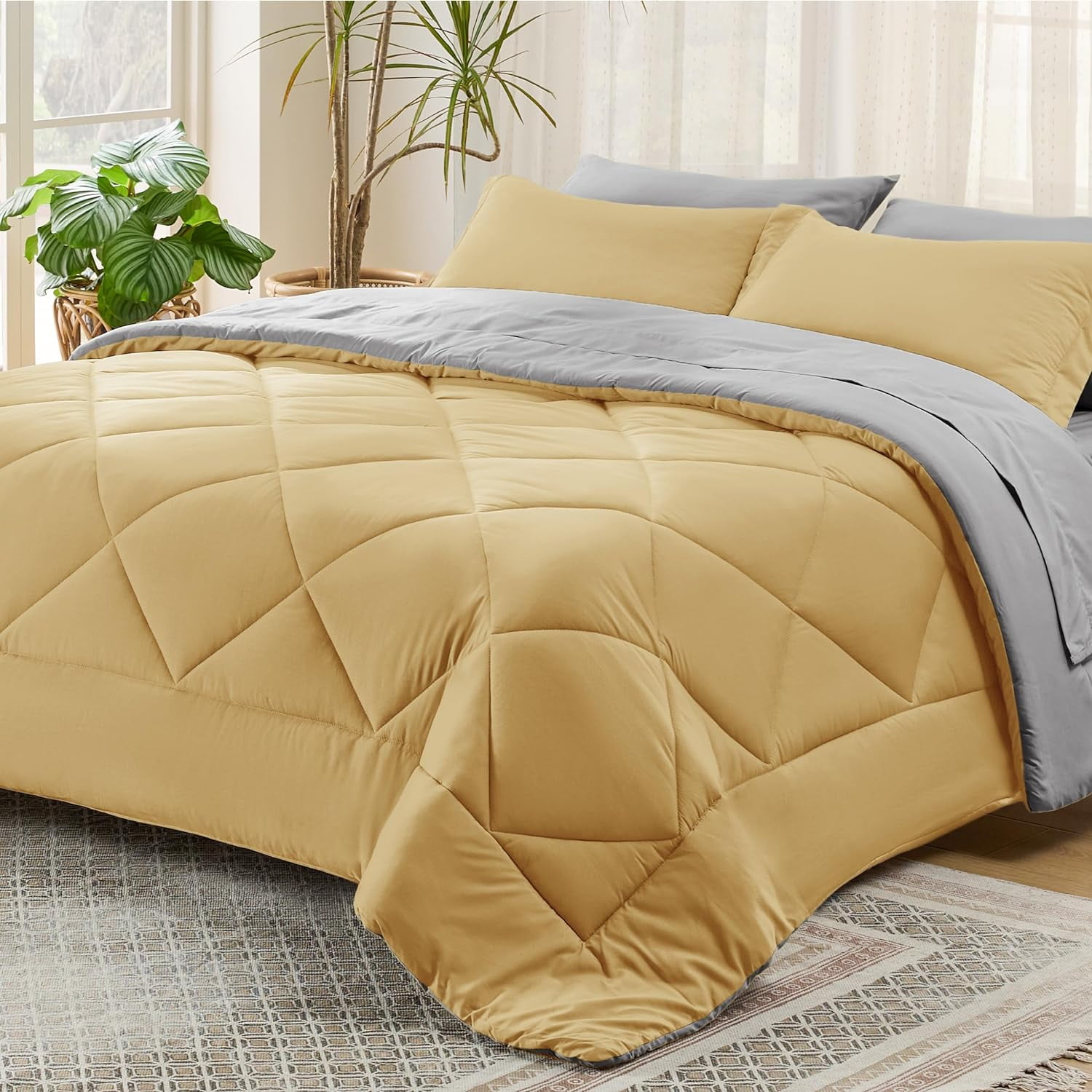 Cozy Comfort Yellow Queen Comforter Set 7 Pieces Reversible Queen Bed