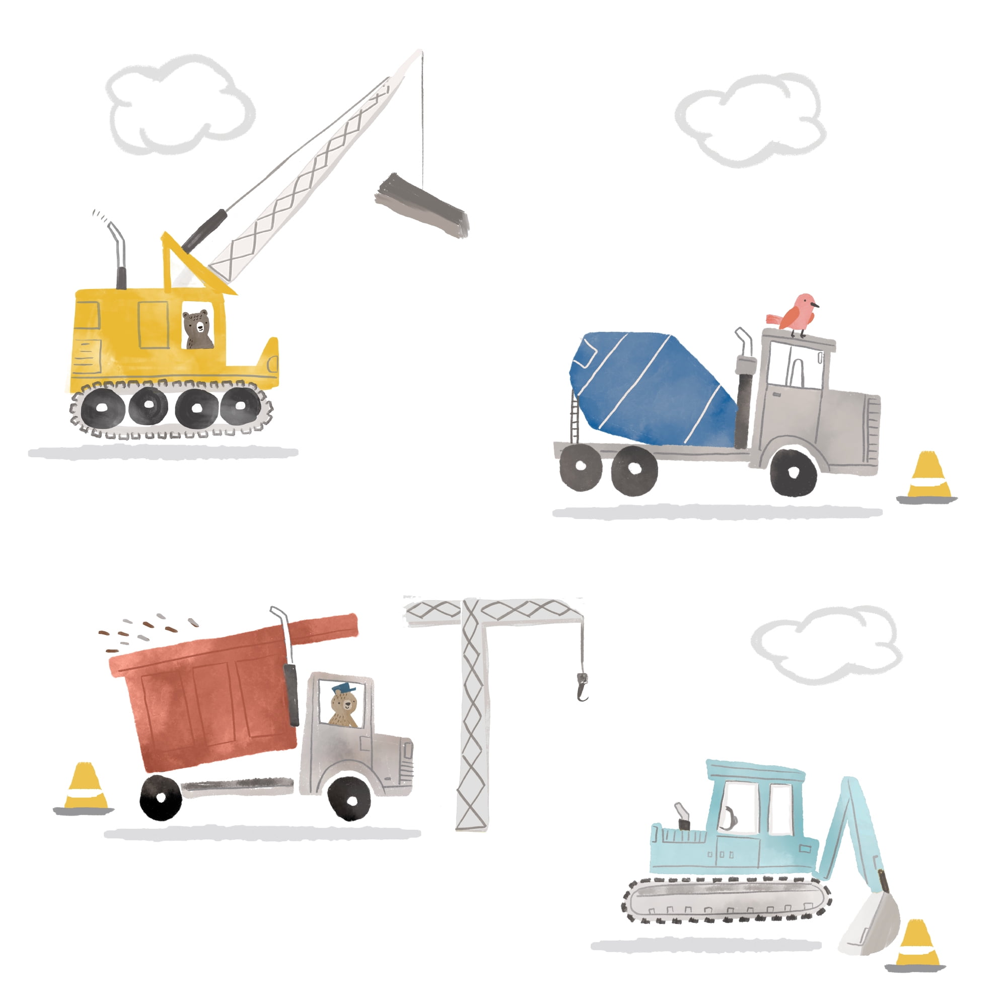 Colorful Watercolor Construction Vehicles Nursery Wall Decals