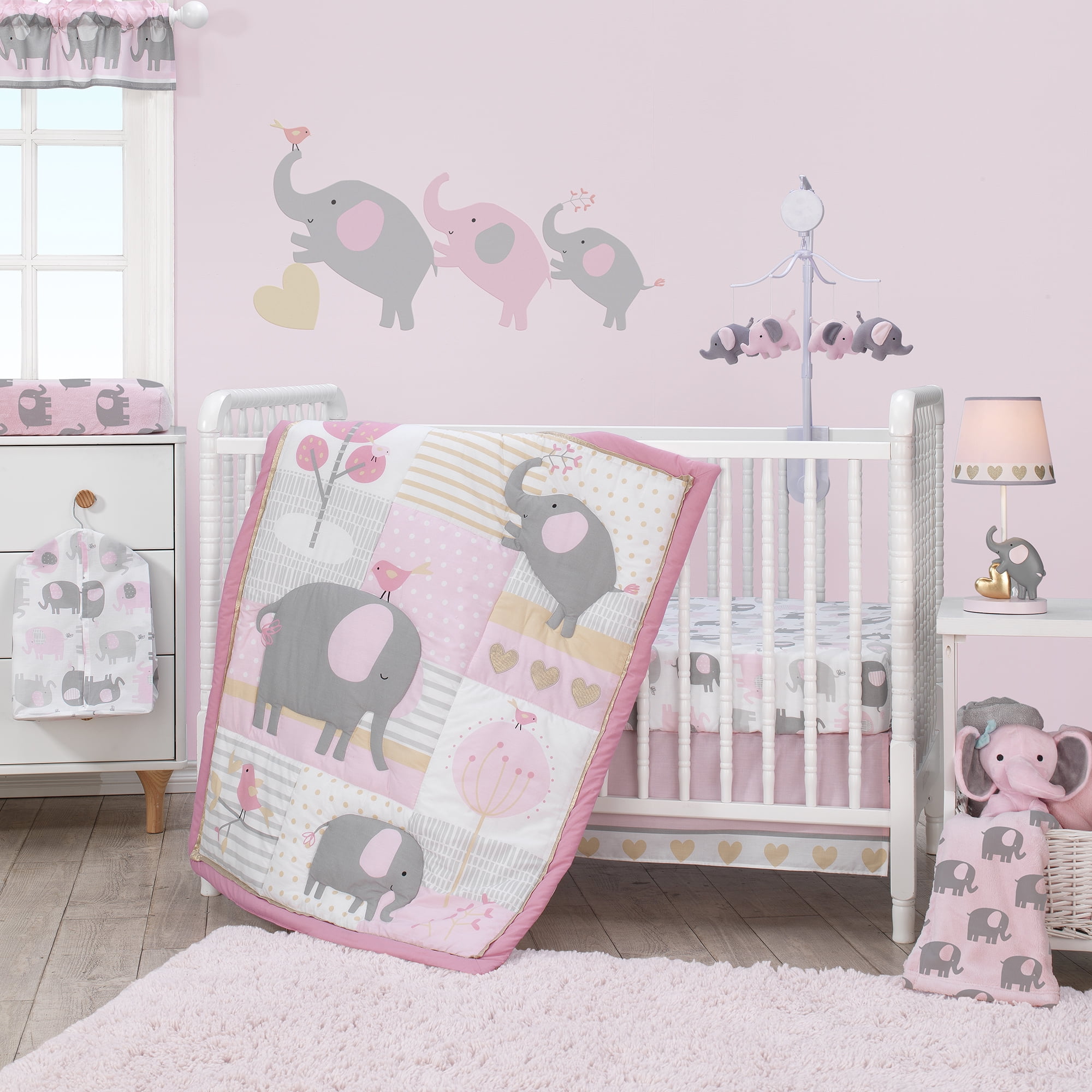 Pink and Gray Cotton Poly Blend Elephant Nursery Bedding Set