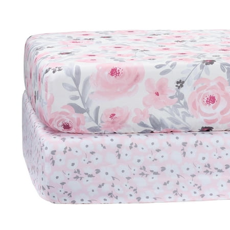 Bedtime Originals Floral Pink/Gray 2-Pack Fitted Crib/Toddler Sheet Set- Flower