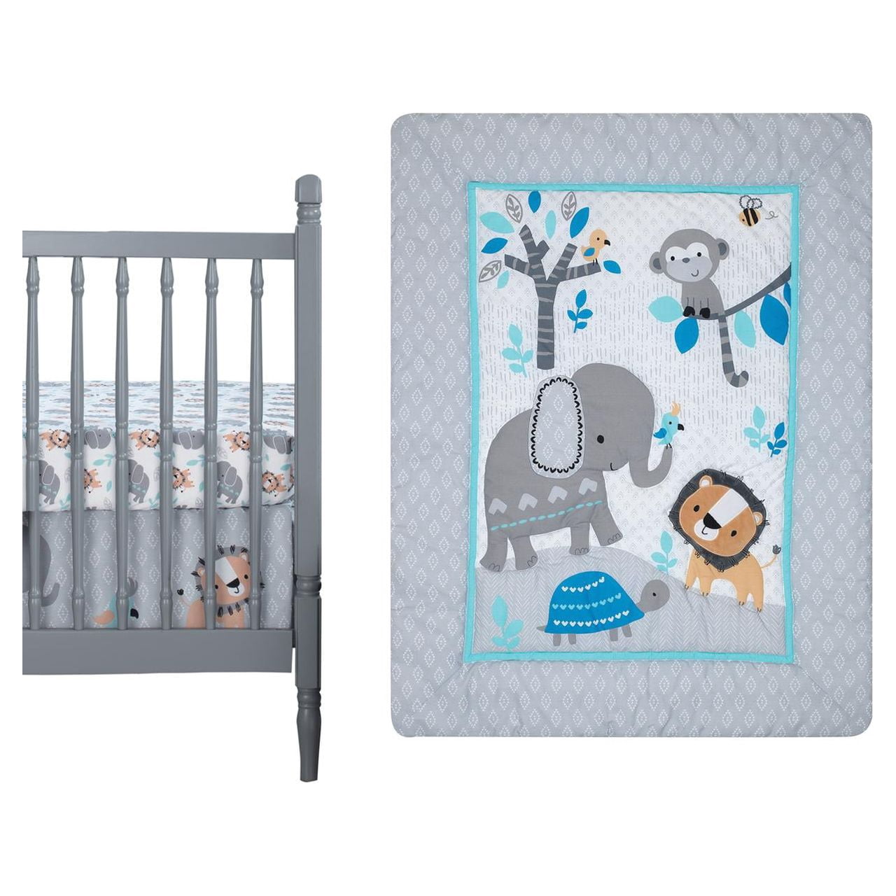 Bedtime Originals Jungle Fun 3-Piece Animals Crib Bedding Set - Blue, Gray, White