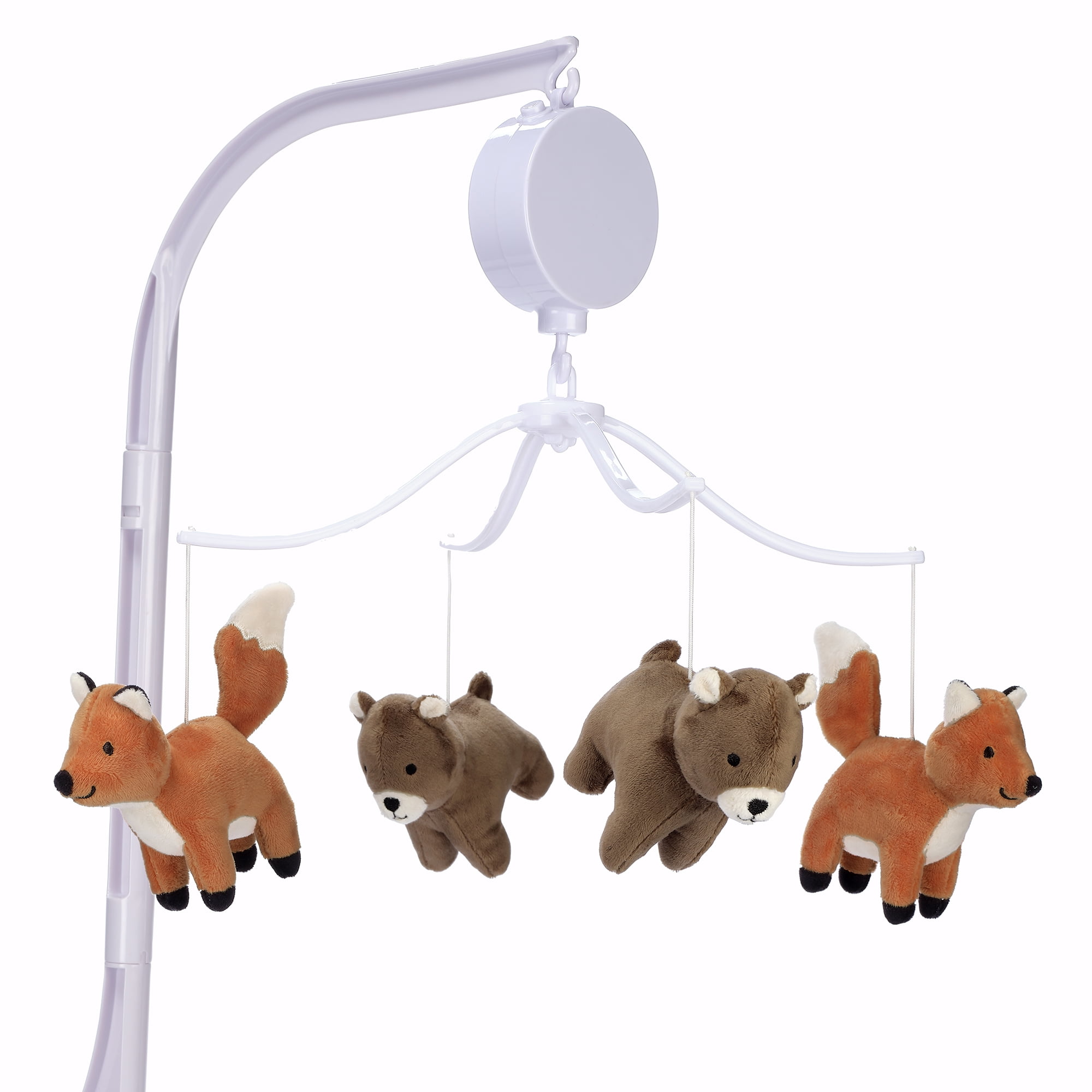 Rust and Brown Velour Fox and Bear Musical Crib Mobile