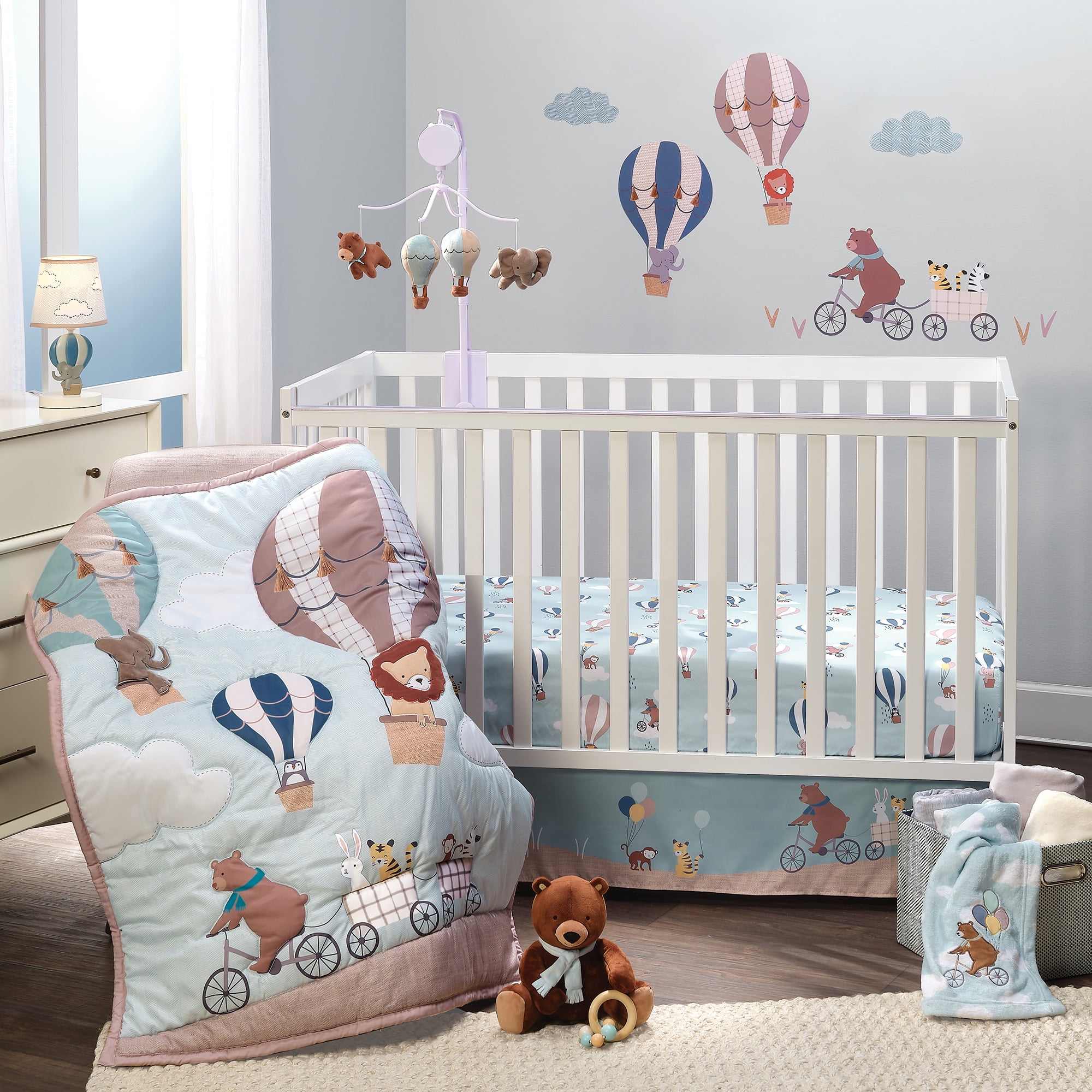 Blue Microfiber 3-Piece Animal Hot Air Balloon Crib Bedding Set