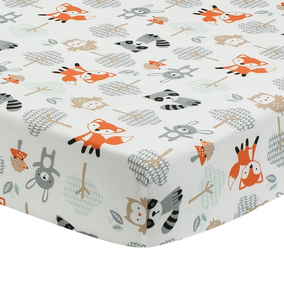 Bedtime Originals Woodland Friends Fox/Owl/Raccoon Fitted Crib Sheet - White