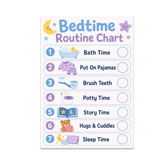 Bedtime Routine Chart Poster - Kid Friendly Decor - 13x19 Poster Print