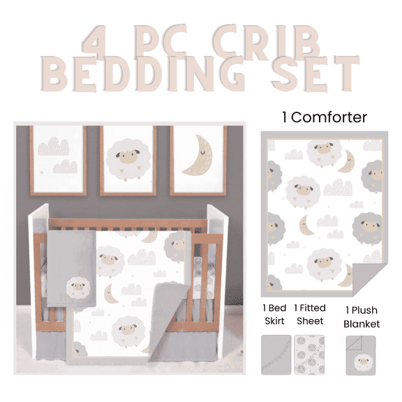 Manhattan Kids Bedtime Sheep Nursery Bedding Set | 4-Piece Neutral Crib Sheet & Nursery Décor Set | Soft Gray & Beige Sheep Design for Boys & Girls