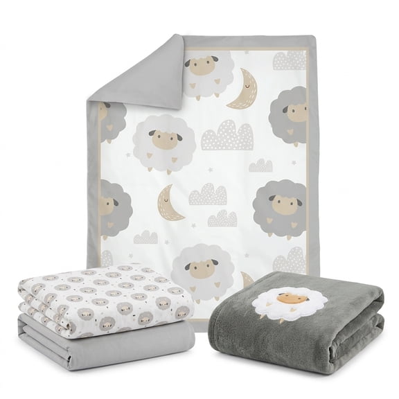 Manhattan Kids Bedtime Sheep Nursery Bedding Set | 4-Piece Neutral Crib Sheet & Nursery Décor Set | Soft Gray & Beige Sheep Design for Boys & Girls