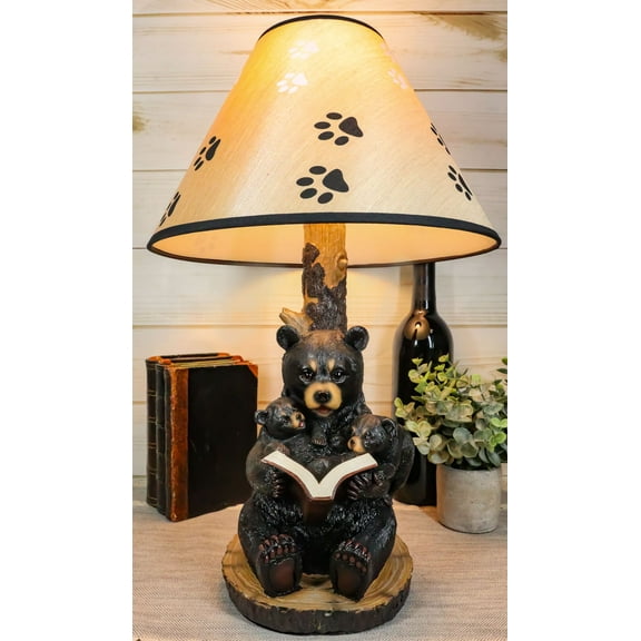 Bedtime Story Mama Bear Reading to Baby Bears Table Lamp with Printed Paw Shade