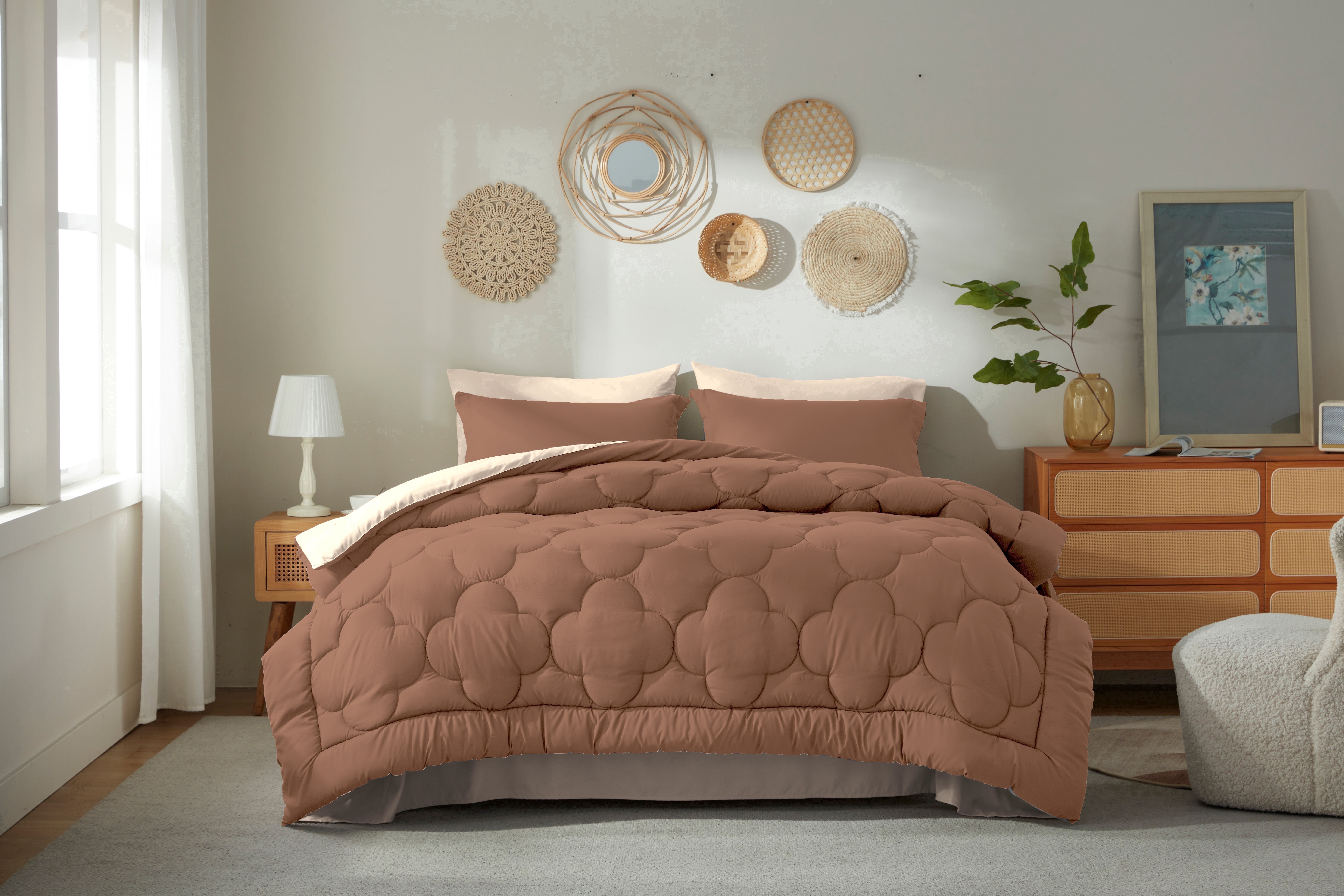 Bedtreat Full Comforter Sets，7-Pieces Reversible Bedding Sets，Bed in a Bag with Comforter， Flat Sheet and Fitted Sheet, Pillowcases & Shams，Mocha/Sand Dollar