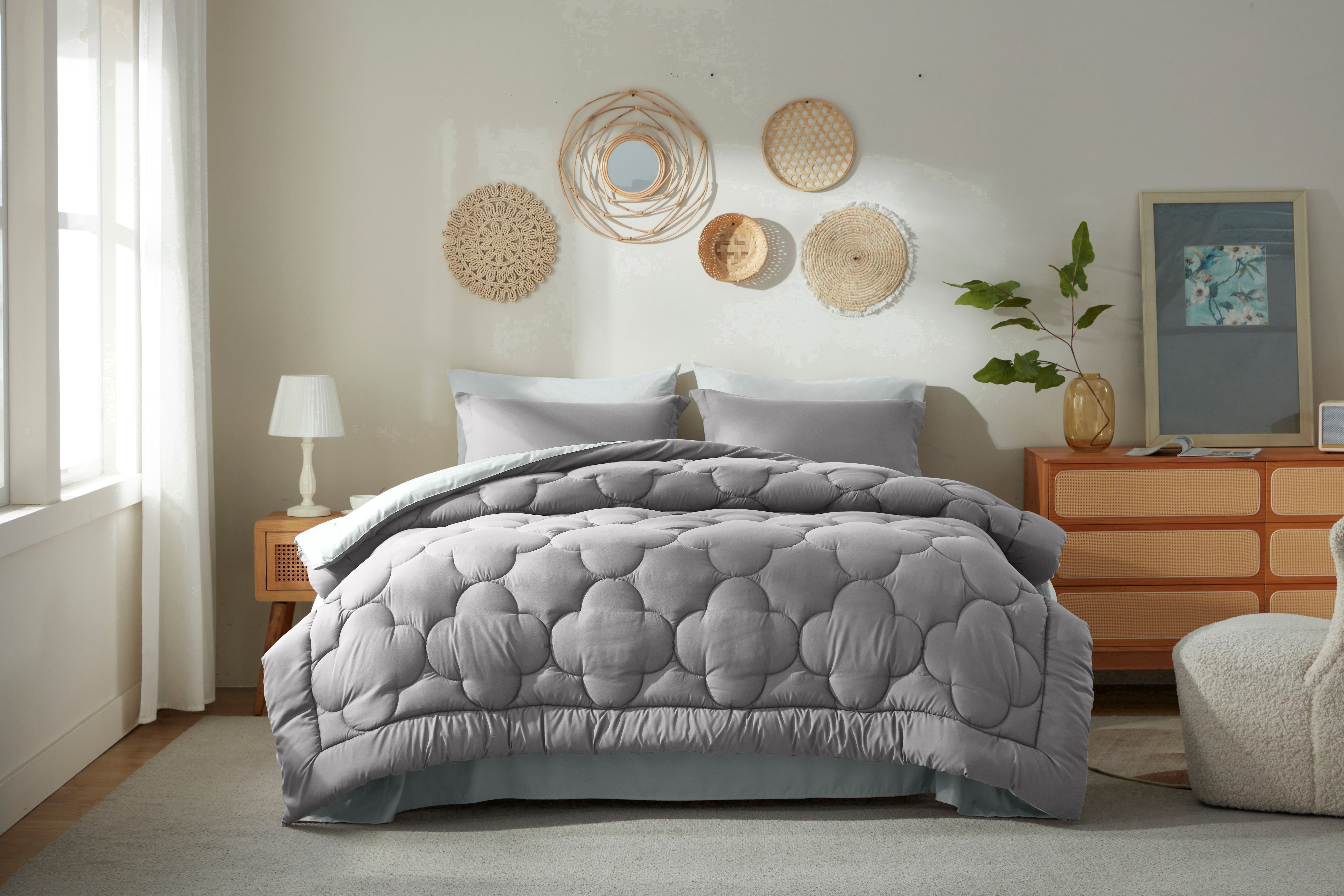 Bedtreat Full Comforter Sets，7-Pieces Reversible Bedding Sets，Bed in a Bag with Comforter， Flat Sheet and Fitted Sheet, Pillowcases & Shams，Dark Gray/Light Gray