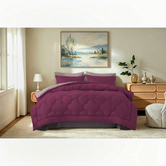 Bedtreat King Comforter Sets，7-Pieces Reversible Bedding Sets，Bed in a Bag with Comforter， Flat Sheet and Fitted Sheet, Pillowcases & Shams，Burnished Lilac/Amaranth