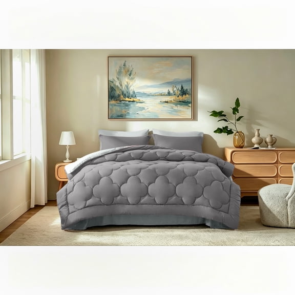Bedtreat King Comforter Sets，7-Pieces Reversible Bedding Sets，Bed in a Bag with Comforter， Flat Sheet and Fitted Sheet, Pillowcases & Shams，Dark Gray/Light Gray