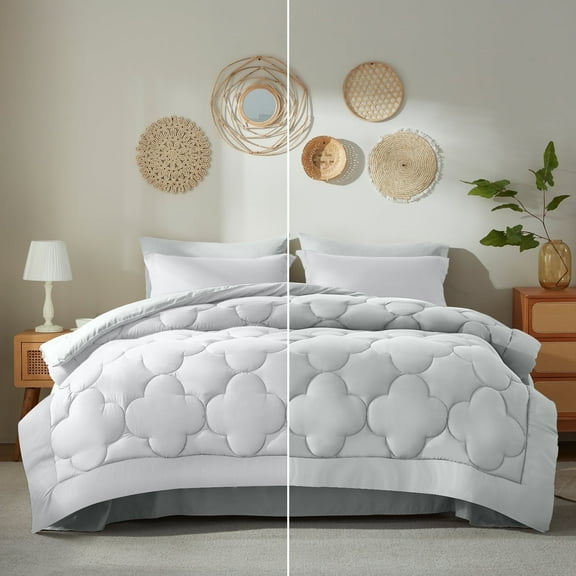 Bedtreat King Comforter Sets，7-Pieces Reversible Bedding Sets，Bed in a Bag with Comforter， Flat Sheet and Fitted Sheet, Pillowcases & Shams，White/Light Gray