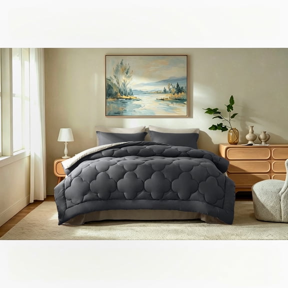 Bedtreat Queen Comforter Sets，7-Pieces Reversible Bedding Sets，Bed in a Bag with Comforter， Flat Sheet and Fitted Sheet, Pillowcases & Shams，Black/Milky Coffee