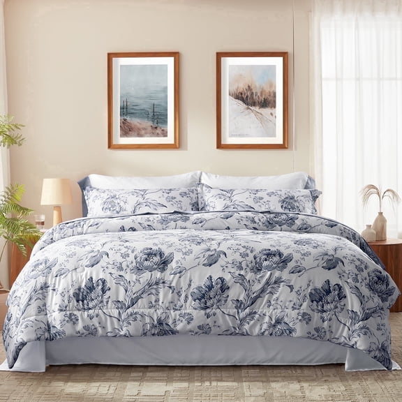 BedTreat Queen Comforter Sets,7-Pieces Reversible Bedding Sets,Bed in a Bag with Comforter,Flat Sheet and Fitted Sheet,Pillowcases & Shams,Lisse,Blue Mirage