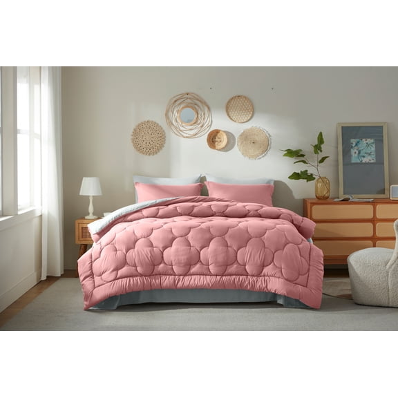 Bedtreat Queen Comforter Sets,7-Pieces Reversible Bedding Sets,Bed in a Bag with Comforter, Flat Sheet and Fitted Sheet, Pillowcases & Shams,Pink/Light Gray