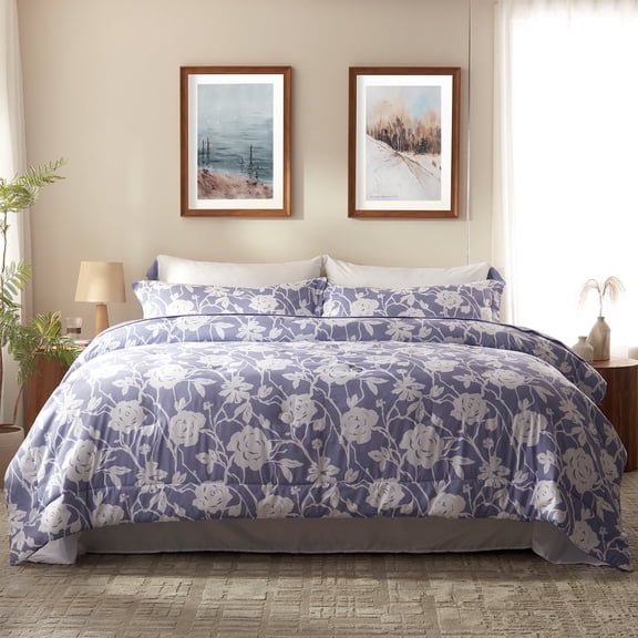 Bedtreat Queen Comforter Sets,7-Pieces Reversible Bedding Sets,Bed in a Bag with Comforter,Flat Sheet and Fitted Sheet,Pillowcases & Shams,Shangri-La,Lavender Icing