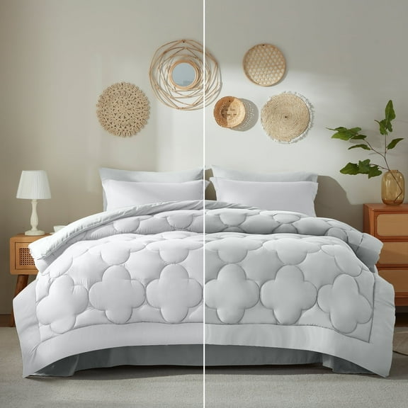 Bedtreat Queen Comforter Sets，7-Pieces Reversible Bedding Sets，Bed in a Bag with Comforter， Flat Sheet and Fitted Sheet, Pillowcases & Shams，White/Light Gray