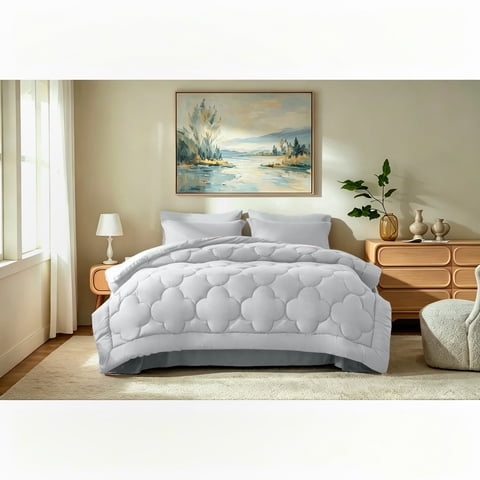 Bedtreat Queen Comforter Sets,7-Pieces Reversible Bedding Sets,Bed in a Bag with Comforter, Flat Sheet and Fitted Sheet without Pocket, Pillowcases & Shams,White/Light Gray
