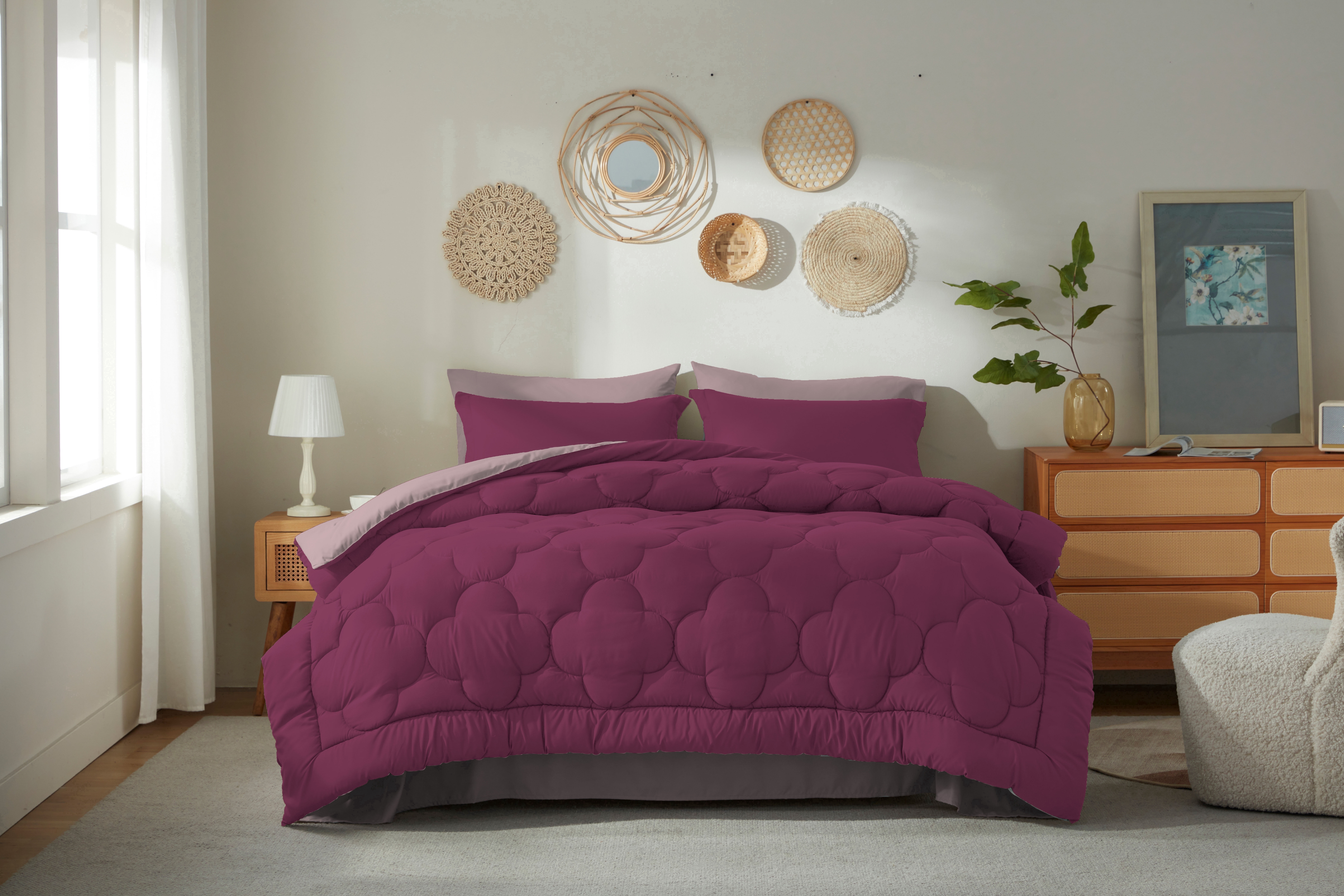 Bedtreat Twin Comforter Sets，5-Pieces Reversible Bedding Sets，Bed in a Bag with Comforter， Flat Sheet and Fitted Sheet, Pillowcase & Sham，Burnished Lilac/Amaranth