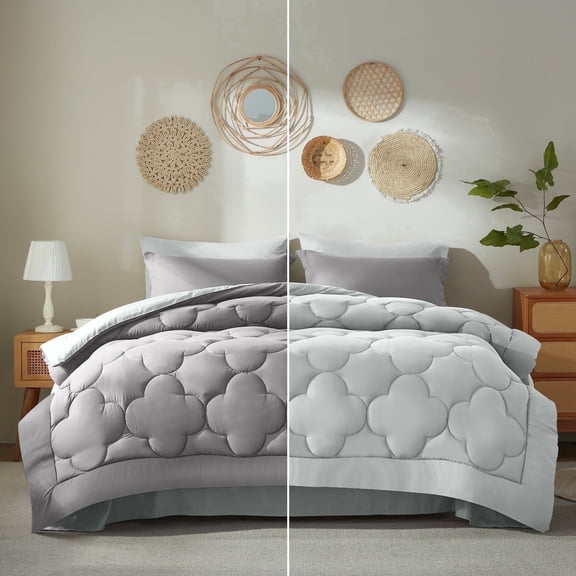 Bedtreat Twin Comforter Sets，5-Pieces Reversible Bedding Sets，Bed in a Bag with Comforter， Flat Sheet and Fitted Sheet, Pillowcase & Sham，Dark Gray/Light Gray