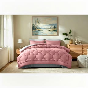 Bedtreat Twin Comforter Sets,5-Pieces Reversible Bedding Sets,Bed in a Bag with Comforter, Flat Sheet and Fitted Sheet, Pillowcase & Sham,Pink/Light Gray