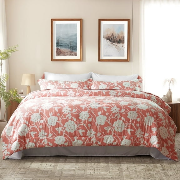 Bedtreat Twin Comforter Sets,5-Pieces Reversible Bedding Sets,Bed in a Bag with Comforter,Flat Sheet and Fitted Sheet,Pillowcase & Sham,Shangri-La,Honeyed Apricot