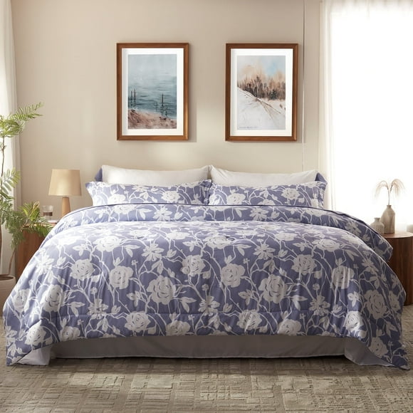 Bedtreat Twin Comforter Sets,5-Pieces Reversible Bedding Sets,Bed in a Bag with Comforter,Flat Sheet and Fitted Sheet,Pillowcase & Sham,Shangri-La,Lavender Icing
