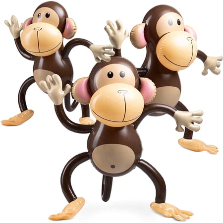 Bedwina Large Inflatable Monkey (Pack of 3) – 27-Inch Safari & Jungle Theme Decorations for Baby Showers, Birthday Parties & Kids' Favors – Blow-Up Animal Party Decor