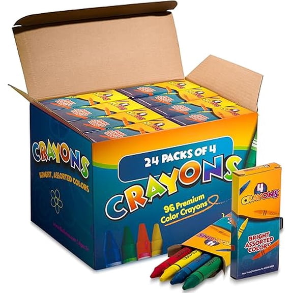 Bedwina Bulk Crayons, 96 Count (24 Packs of 4), Non-Toxic Coloring Crayons for Kids, Party Favors, Restaurants, Goody Bags, Bright Colors