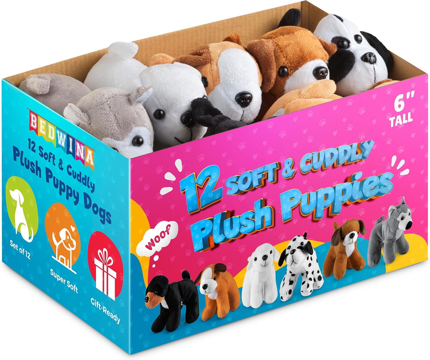 Bedwina Plush Puppy Dogs Pack of 12 – 6 Inch Soft Stuffed Animals Bulk Assorted Cute Dog Plush Toys for Kids, Stocking Stuffers, Birthday Gifts
