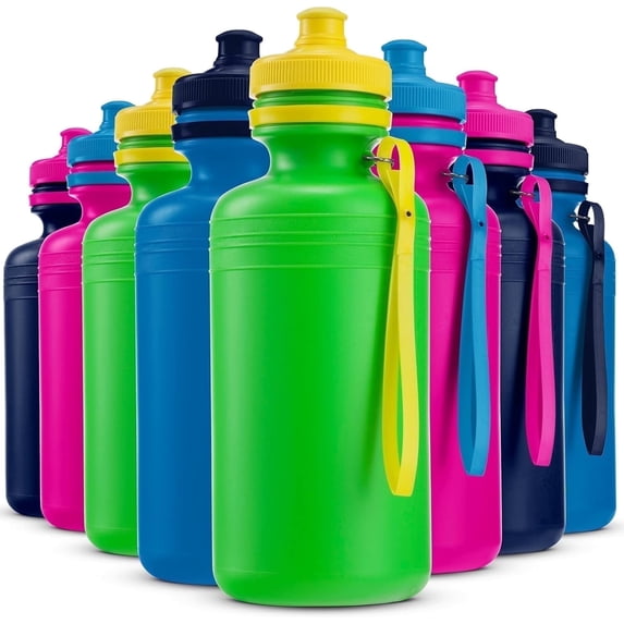 Bedwina Bulk Water Bottles for Kids - (Pack of 12) 18 oz - 7.5 Inch BPA-Free Plastic Water Bottles With Pop-up Tops & Handles for Summer, Reusable Water Bottles Bulk for School