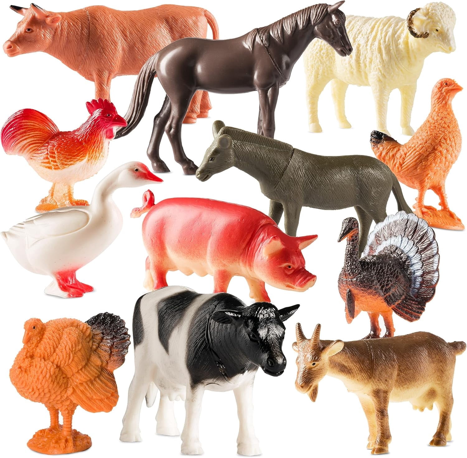 Farm Animal Toys - Pack of 12 - Plastic Farm Animals for Kids, Realistic 3-5 Inch Ranch / Barnyard Animal Toy Figures Styles Include Sheep, Horse, Goat, Duck, Chicken, Turkey, Cow, Pig