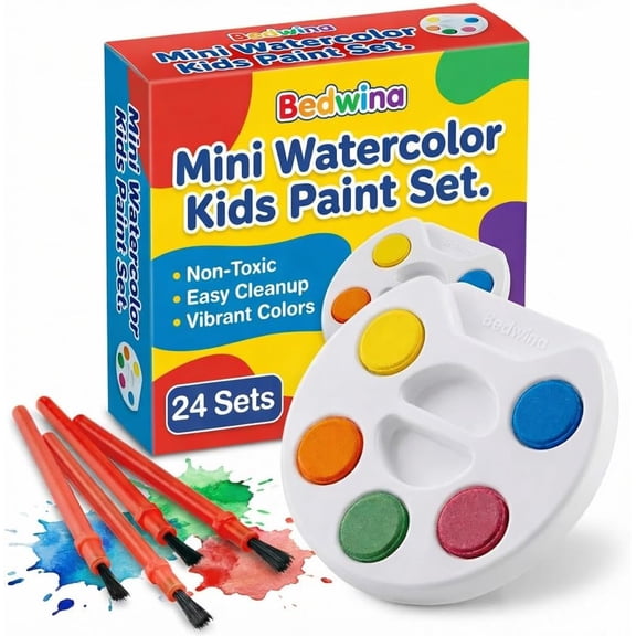 Bedwina Mini Watercolor Paint Set for Kids, 24-Pack – Non-Toxic Paints for Party Favors and Goodie Bags