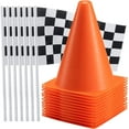 thumbnail image 1 of Bedwina Traffic Cones and Racing Checkered Flags - (24 Pcs) 12 - Black and White Flags on Sticks and 12-8-Inch Mini Orange Sports Safety Cones for Kids - Race Car Theme Birthday Party Supplies, 1 of 14