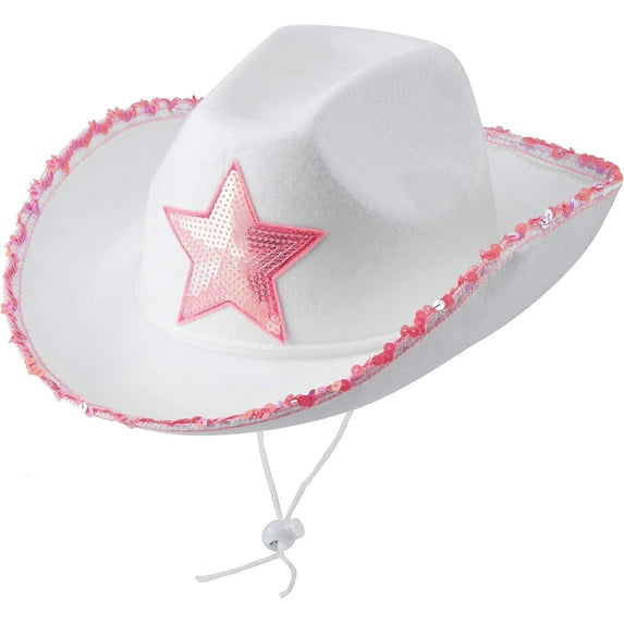 Bedwina White Cowgirl Hat - Felt Cowboy Hat with Pink Sequins Rim and Adjustable Neck-String, Fits Most Women and Adults for Bachelorette, Play Costume Accessories, Themed Party or Dress-Up