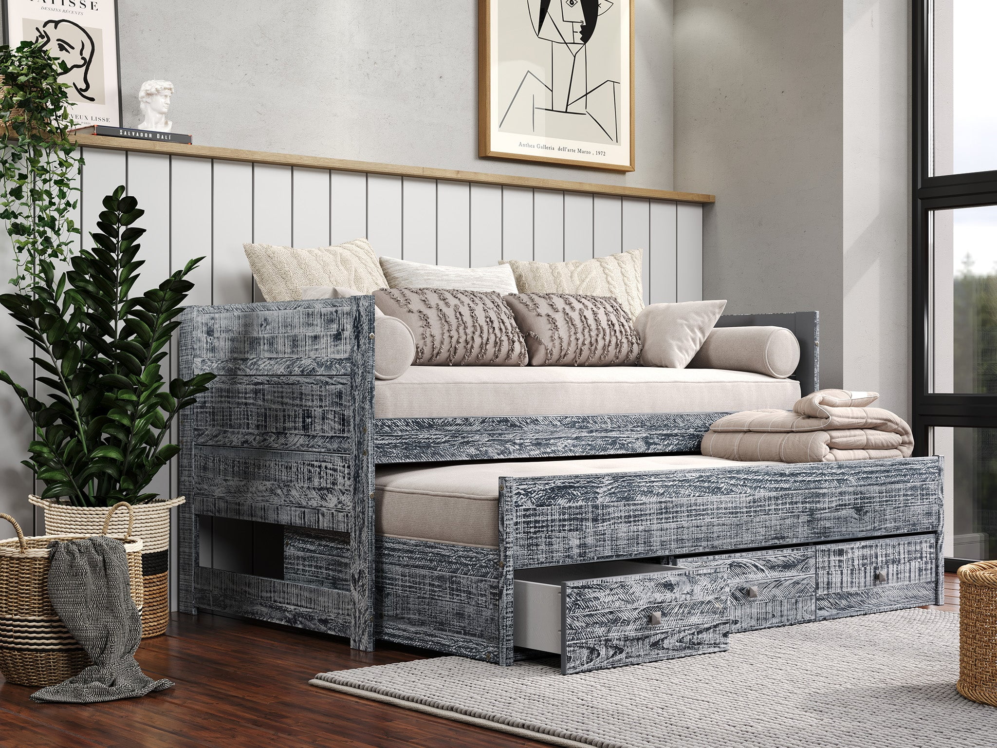 Weathered Black Pine Twin Daybed with Trundle and Storage Drawers