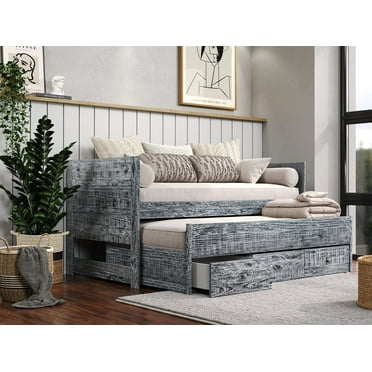 Bedz King All in One Twin Bed with Trundle and 3 Built in Drawers, Weathered Black