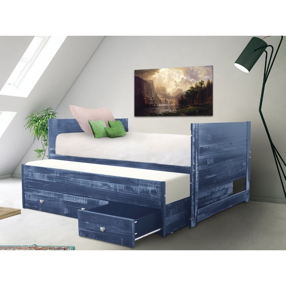 Bedz King Twin Captains Bed with Trundle and 3 Built in Drawers, Weathered Blue