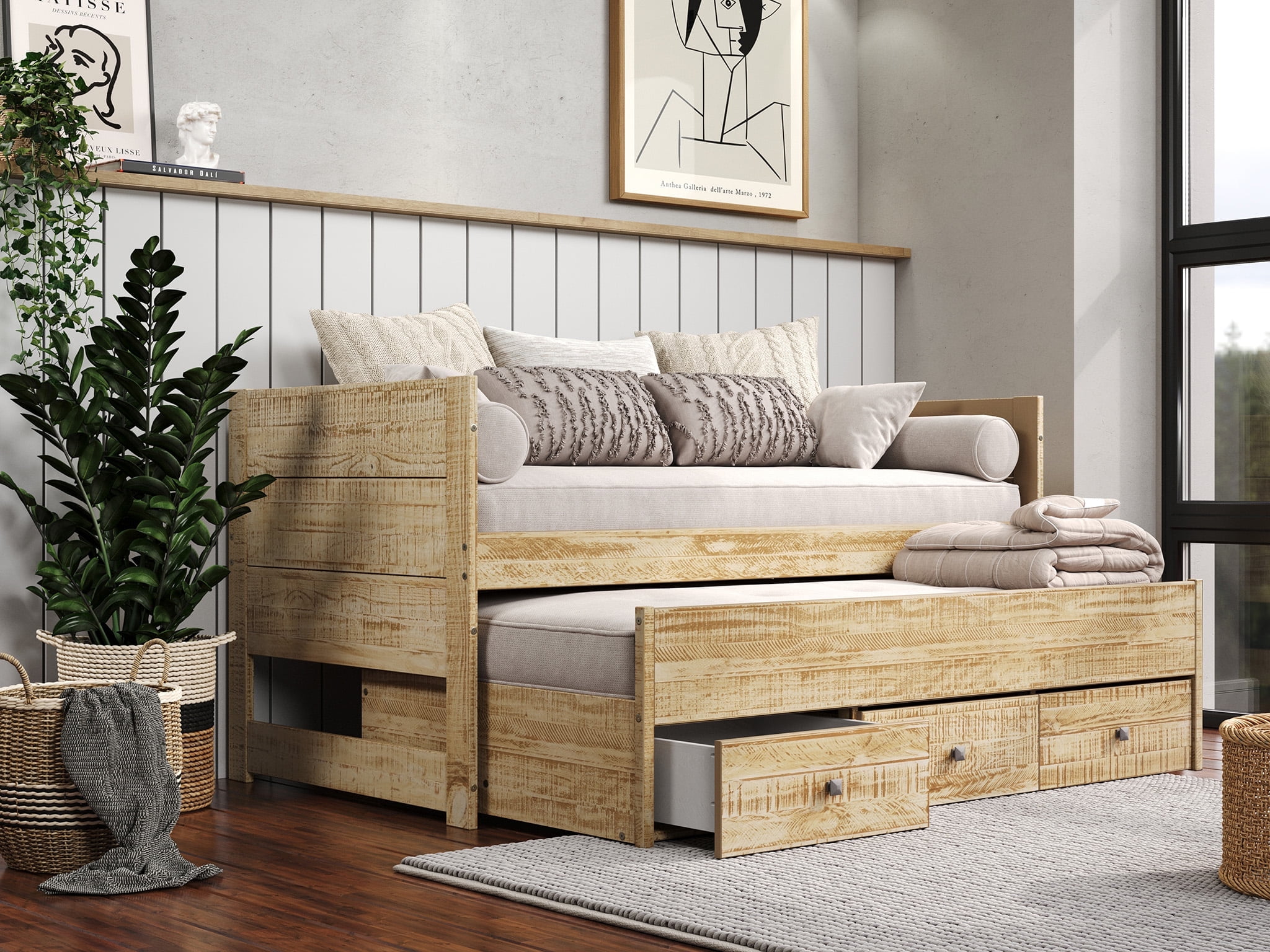 Weathered Honey Pine Twin Daybed with Trundle and Storage Drawers