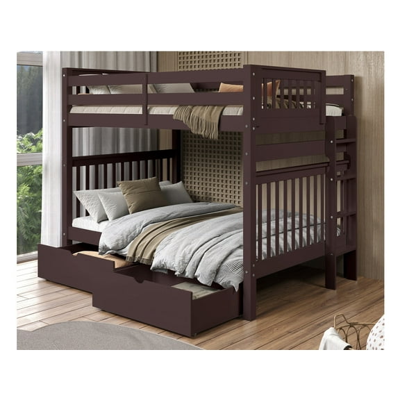 Bedz King Bunk Beds Full over Full Mission Style with End Ladder and 2 Under Bed Drawers, Dark Cherry
