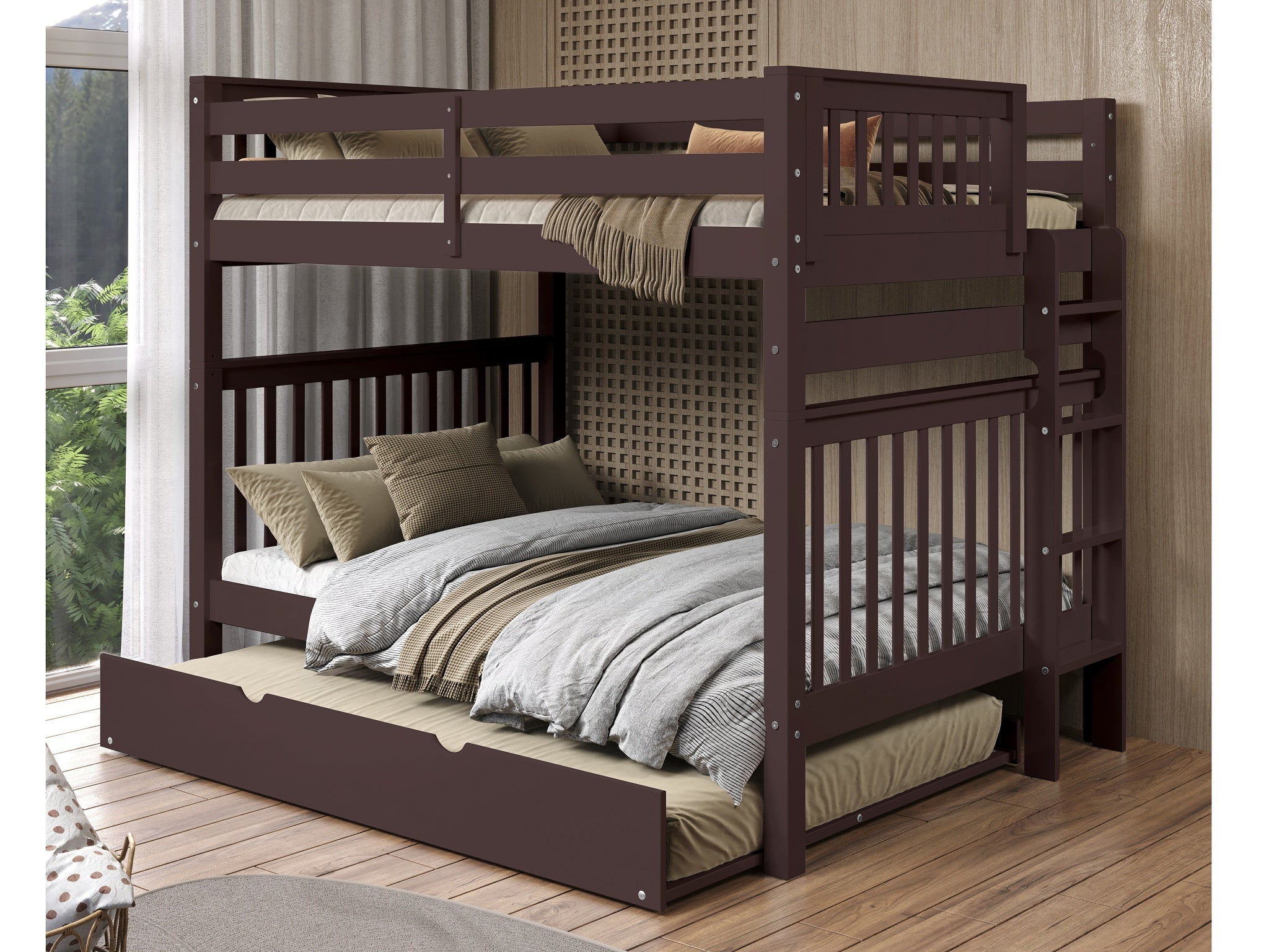 Bedz King Bunk Beds Full over Full Mission Style with End Ladder and a Full  Trundle, Dark Cherry - Walmart.com, image size:2048x1536