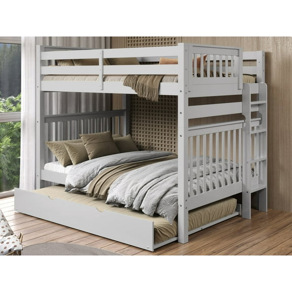 Bedz King Bunk Beds Full over Full Mission Style with End Ladder and a Full Trundle, Gray