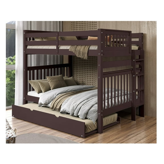 Bedz King Bunk Beds Full over Full Mission Style with End Ladder and a Twin Trundle, Dark Cherry