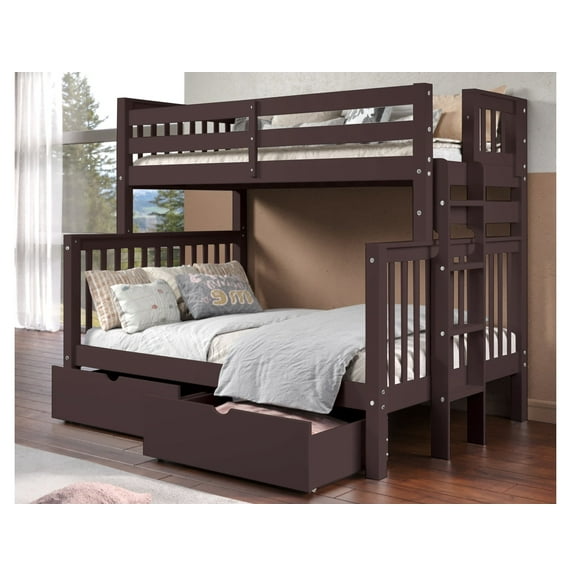 Bedz King Bunk Beds Twin over Full Mission Style with End Ladder and 2 Under Bed Drawers, Dark Cherry